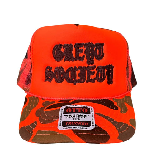 CAMO OLD ENGLISH GREYT SOCIETY LOGO TRUCKER