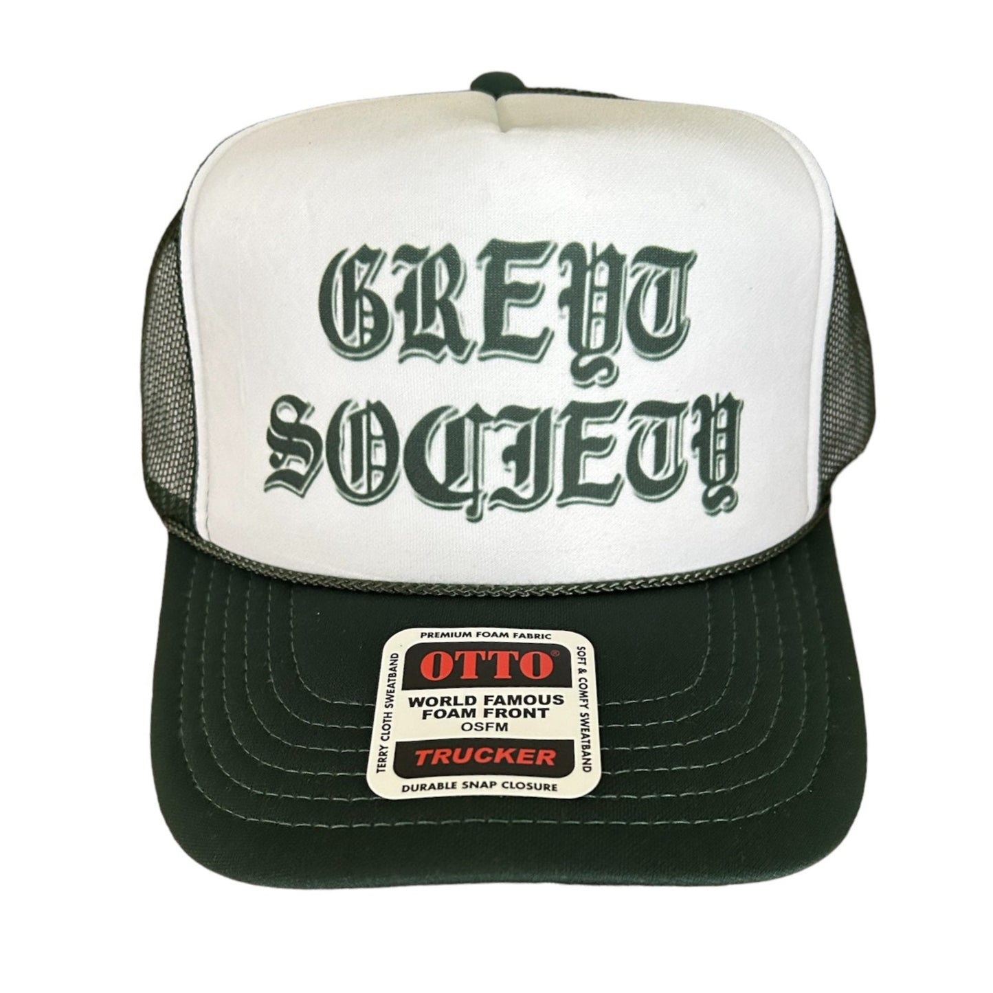 DARK GREEN OLD ENGLISH GREYT SOCIETY LOGO TRUCKER