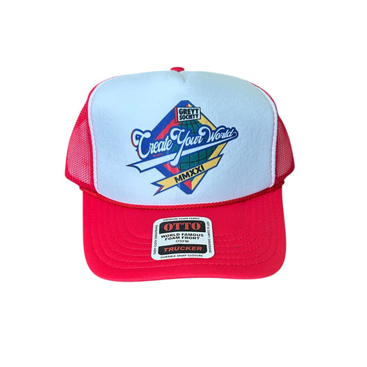 Red & White CREATE YOUR WORLD LOGO TRUCKER CYW